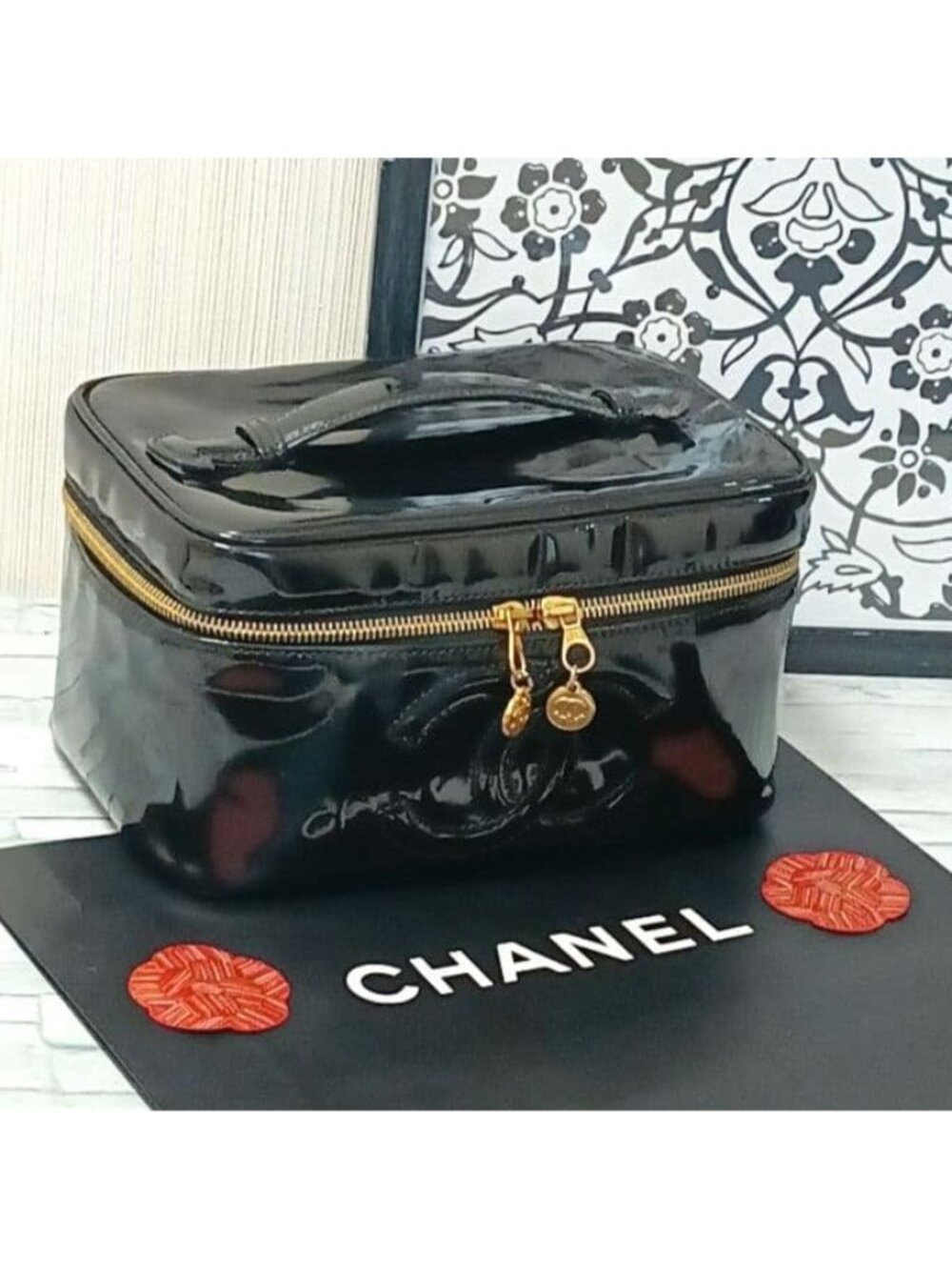 Chanel Vanity Pouch Enamel with Mirror Black CC Logo